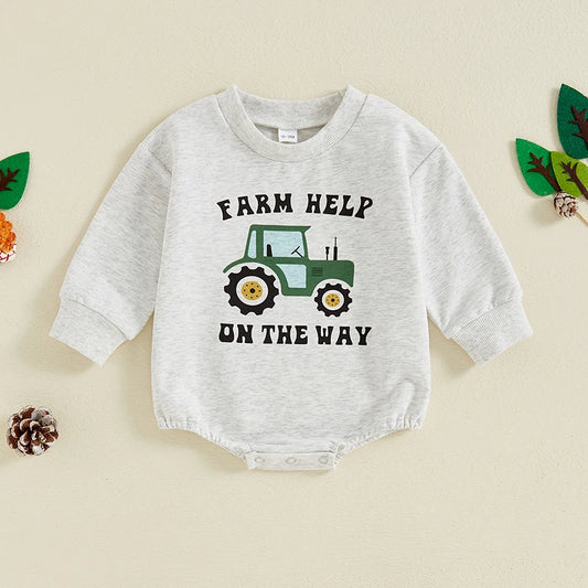 Baby Boy Farm Help On The Way Romper Casual Farm Tractor Print Long Sleeve Jumpsuit