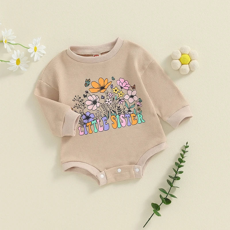 Baby Girls Little Sister Romper Long Sleeve Crew Neck Flower Letters Print Bodysuit