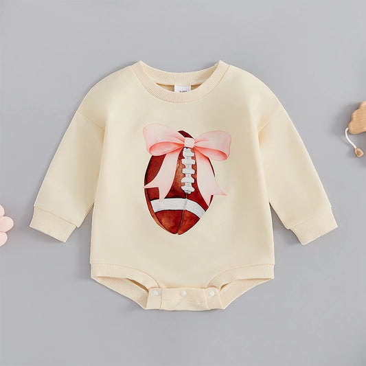 Baby Girls Bubble Romper Long Sleeve Crew Neck Bow Football Print Fall Bodysuit