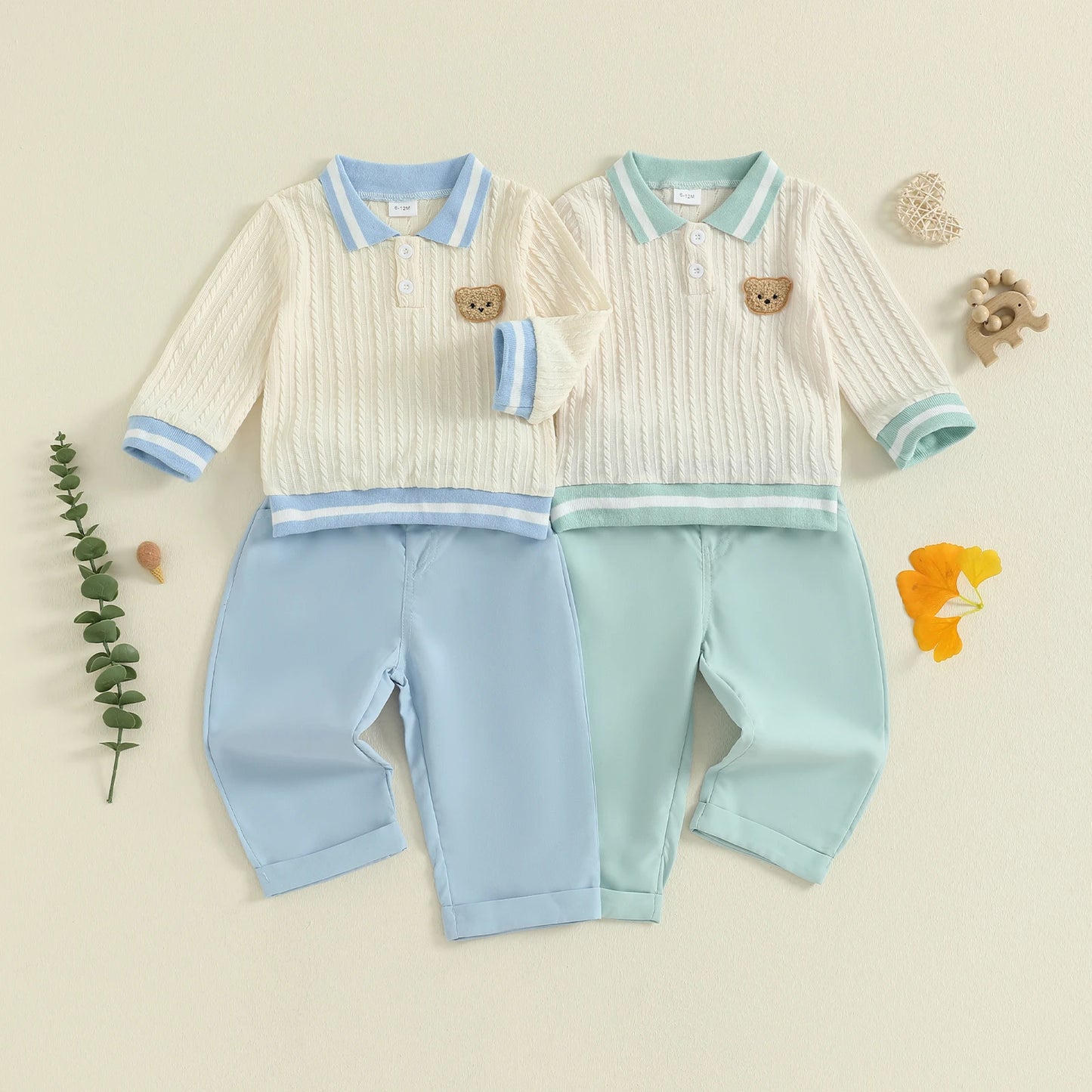 Baby Toddler Boys 2Pcs Fall Outfit Long Sleeve Bear Embroidery Lapel Top + Pants Set