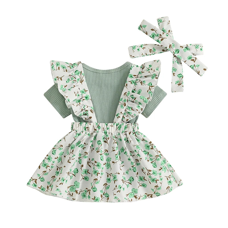 Baby Girls 3Pcs Summer Outfit Solid Flying Sleeve Romper with Floral Print Suspender Dress and Bow Headband Set