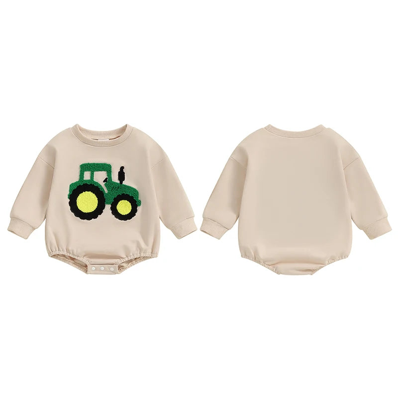 Baby Girls Boys Autumn Romper Long Sleeve Crewneck Tractor Embroidery Casual Playsuit