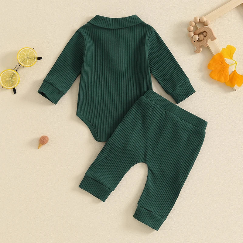 Baby Boys Girls 2Pcs Ribbed Set Button Long Sleeve Romper with Collar Drawstring Pocket Long Pants Outfit Clothes