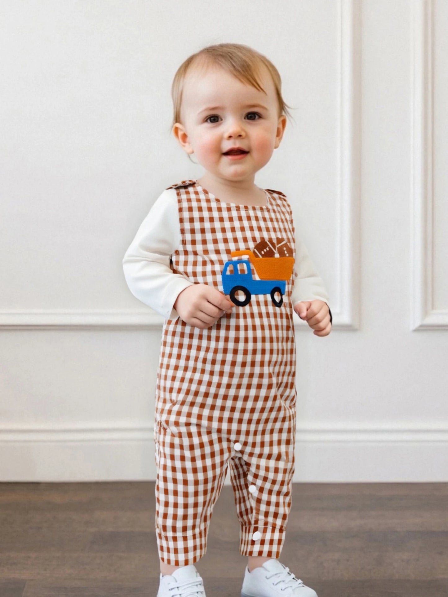Baby Boy 2Pcs Fall Outfit Crew Neck Long Sleeve Romper and Truck Football Embroidery Plaid Overall Pants Set