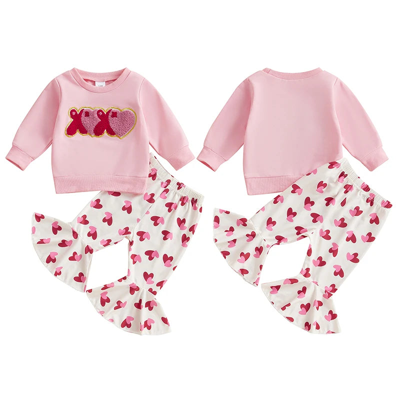 Baby Toddler Girls 2Pcs Valentine's Day Set XOXO Heart Letter Embroidered Long Sleeve Crewneck Top Heart Print Flare Pants Outfit