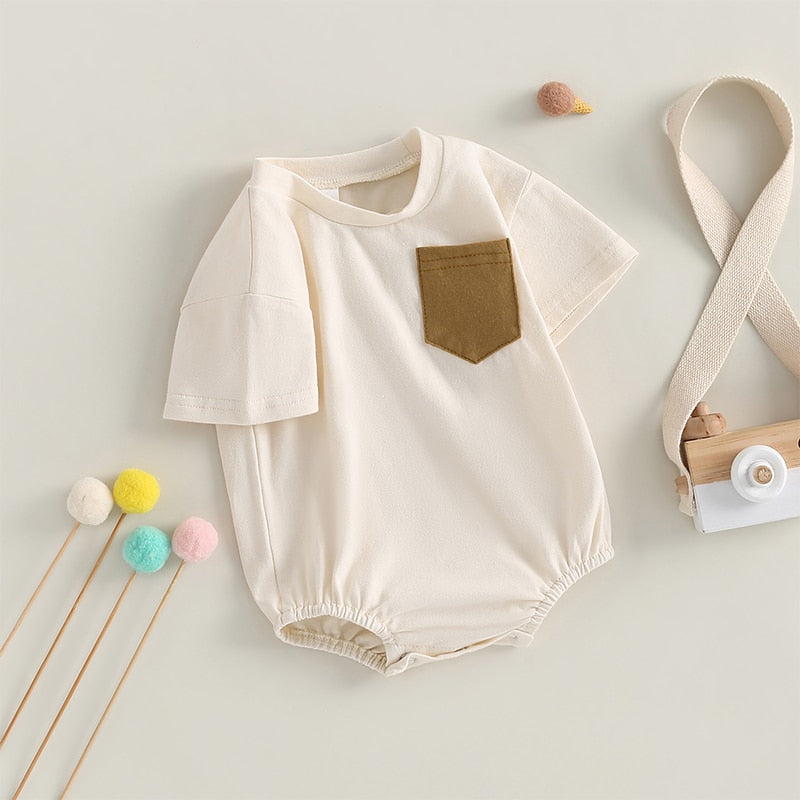 Infant Baby Boy Girl Summer Bodysuit Solid Short Short Sleeve Jumpsuit with Pocket Outfit Bubble Romper