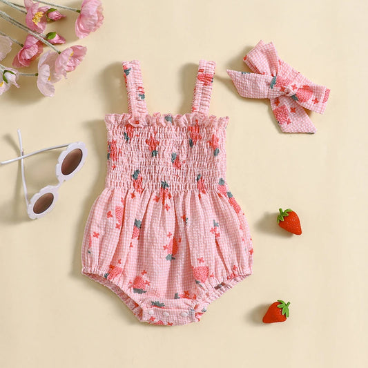 Baby Girl 2Pcs Summer Jumpsuit Strawberry Print Sleeveless Tank Top Romper and Headband Set Outfit