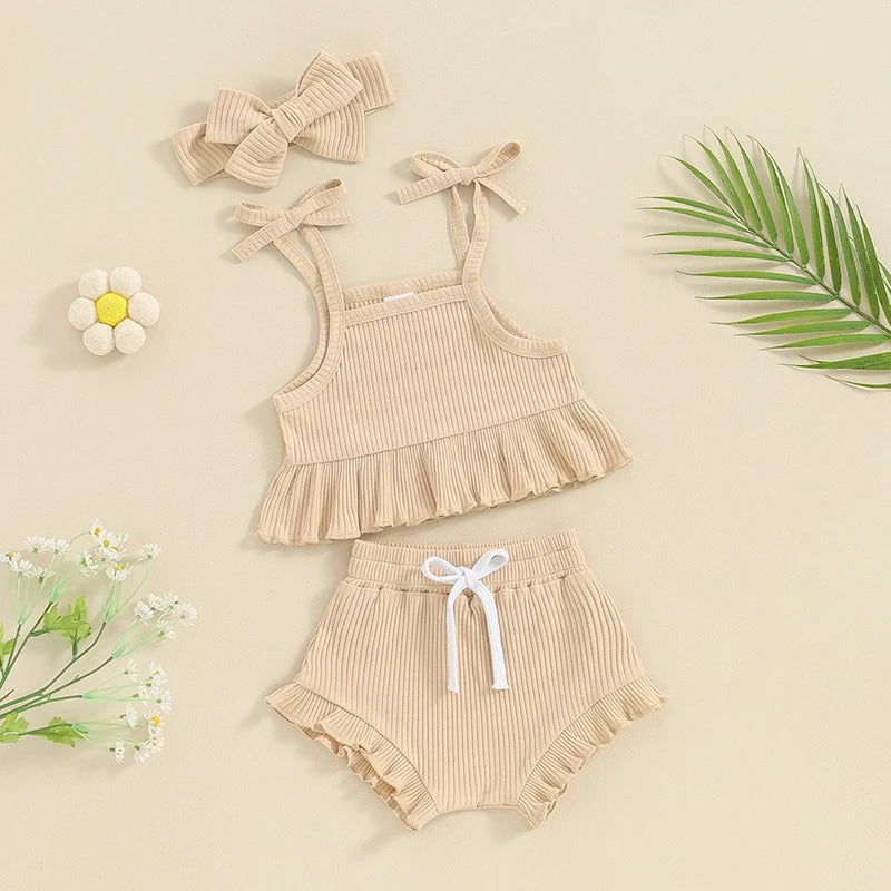 Baby Toddler Girls 3Pcs Outfits Solid Color Ruffled Sleeveless Tie Camisole Tank Top Elastic Shorts Cute Headband Set