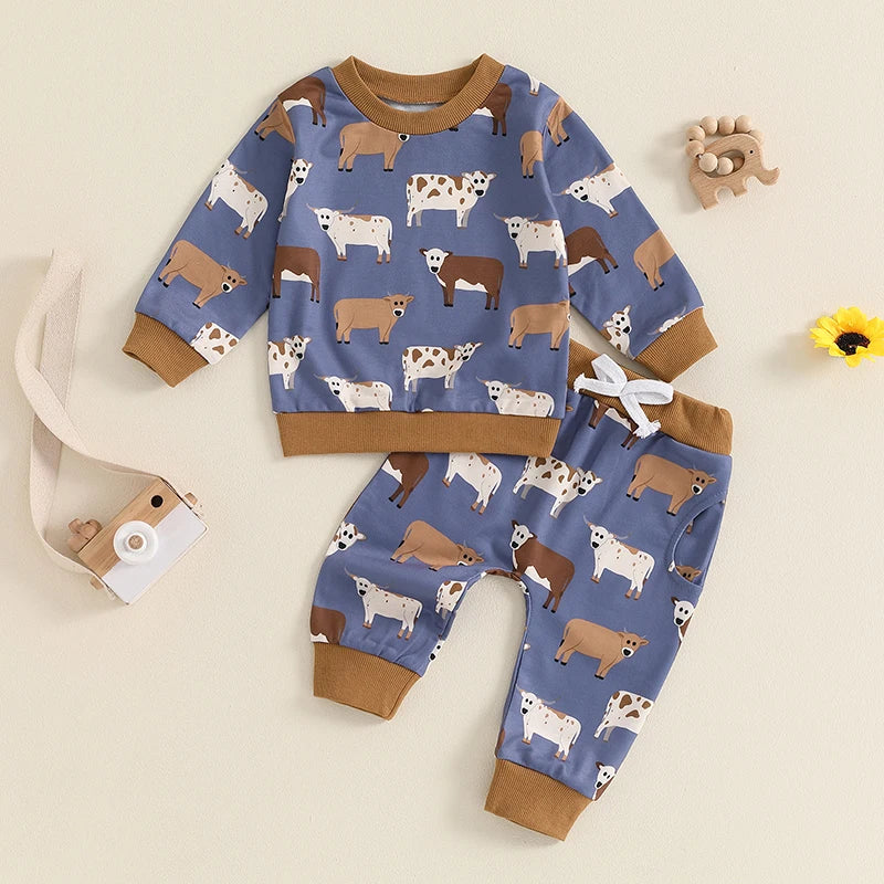 Baby Toddler Boys 2Pcs Cow Print Long Sleeve Crew Neck Top with Elastic Waist Pants Clothes Outfit Set