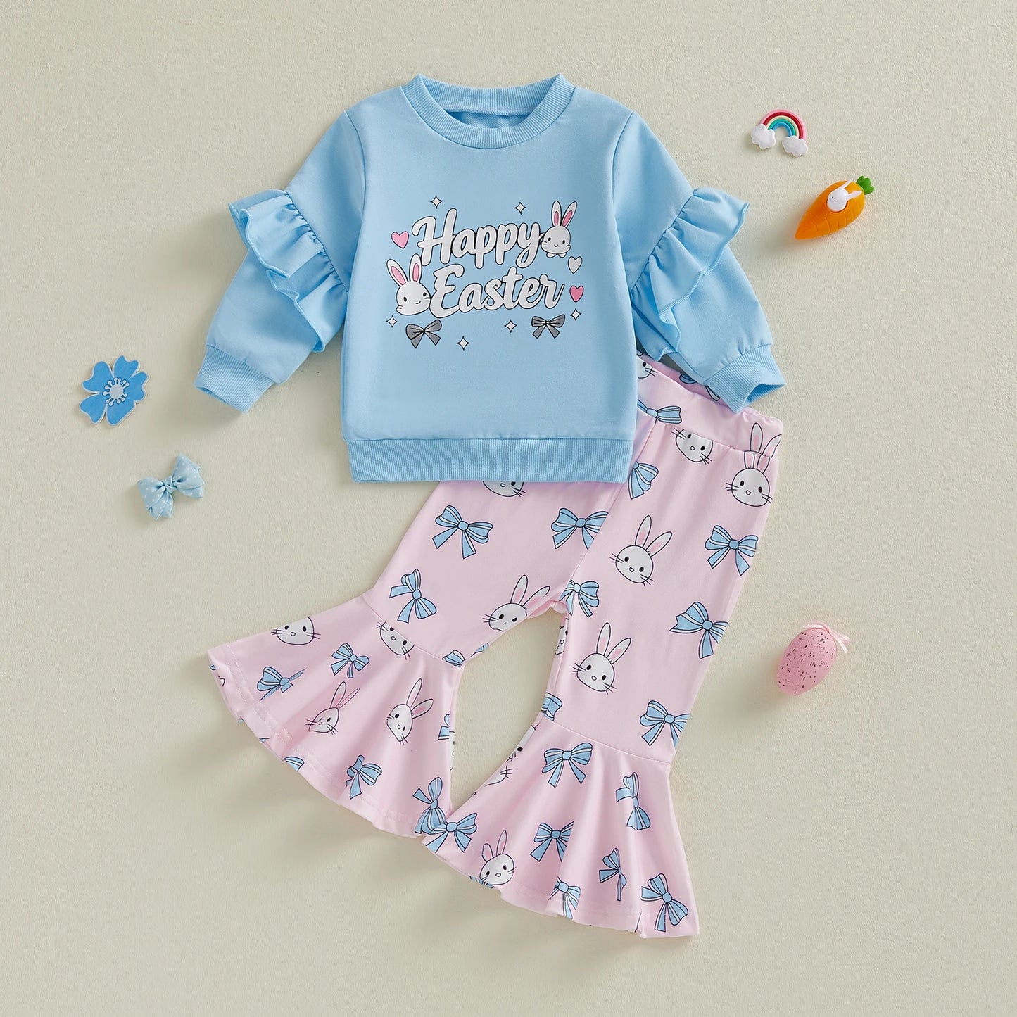 Baby Toddler Girls 2Pcs Happy Easter Outfit Bunny Bow Print Ruffled Trim Crew Neck Long Sleeve Top and Bell Bottoms Set