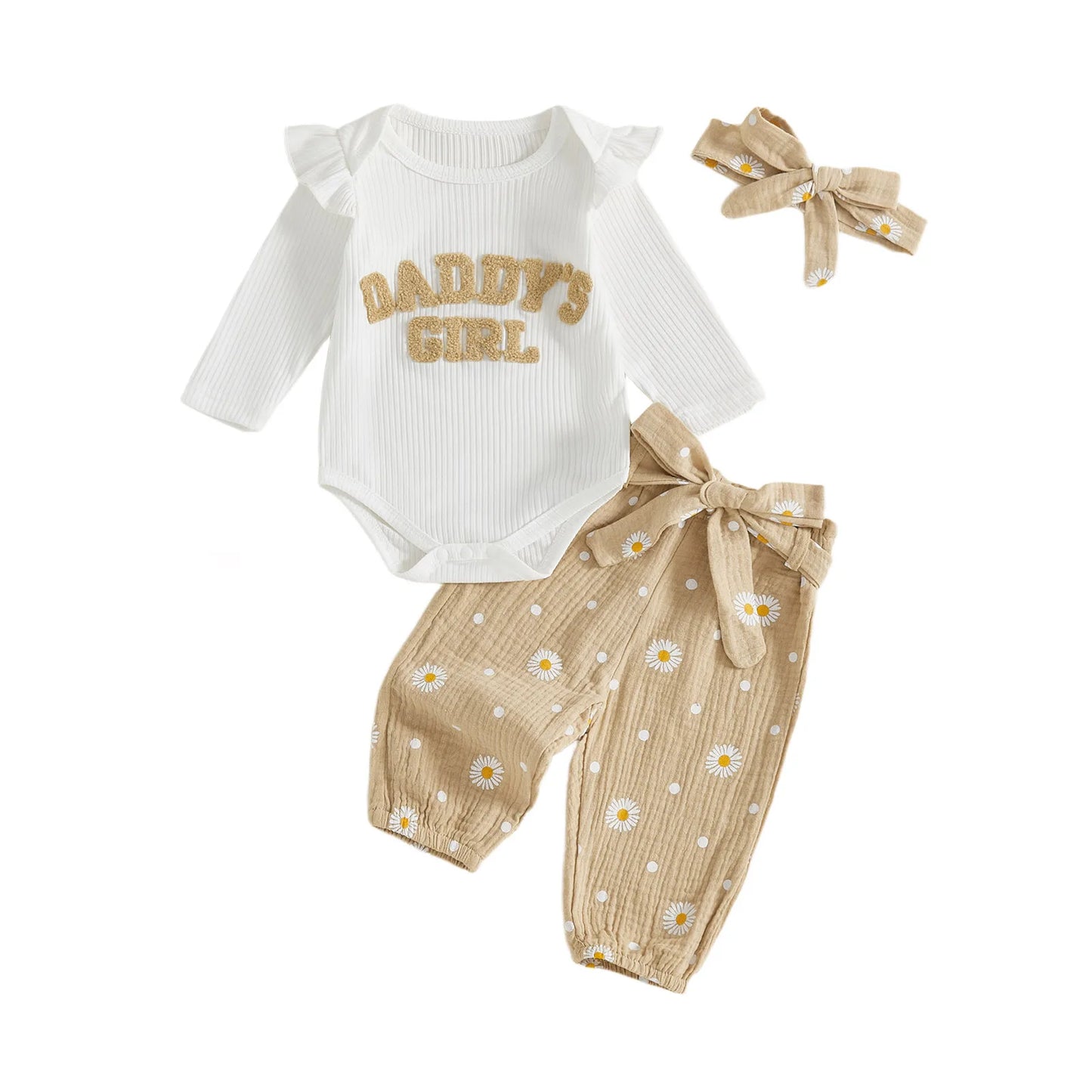 Baby Toddler Girls 3Pcs Daddy's Girl Fall Outfit Letter Embroidery Long Sleeve Romper Daisy Print Pants with Belt and Headband Set