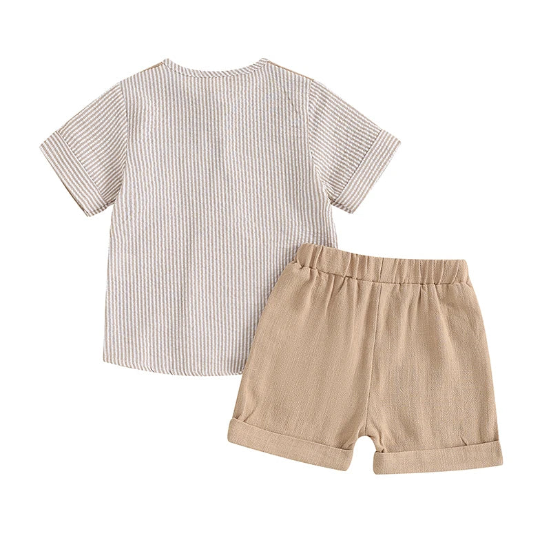 Baby Toddler Kids Boys 2Pcs Outfit Striped Pattern Short Sleeve Top with Pocket Button Up and Elastic Shorts Clothes Set