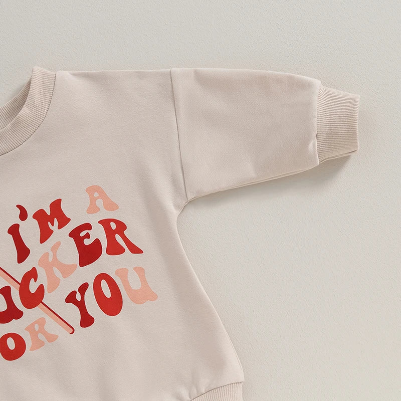 Baby Boy Girl Bubble Romper Long Sleeve Letters I'm A Sucker For You Heart Print Round Neck Jumpsuit Valentine's Day