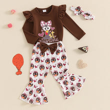 Load image into Gallery viewer, Baby Girl 3Pcs 1st First Thanksgiving Outfit Turkey Print Long Sleeve Romper Flared Pants Headband Set
