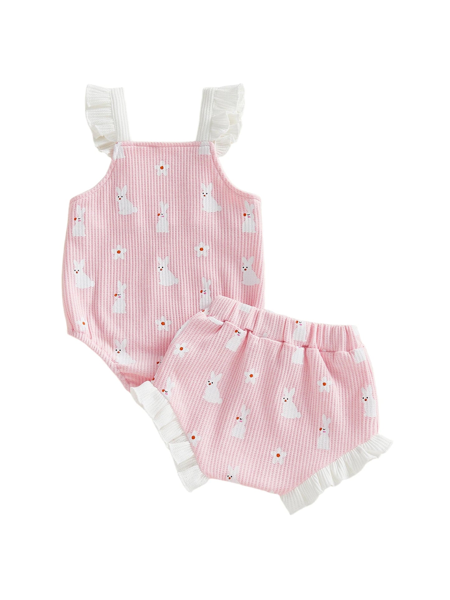 Baby Girl 2Pcs Easter Outfit Square Neck Ruffle Sleeveless Bunny Floral Print Romper Elastic Waist Bloomer Shorts Set