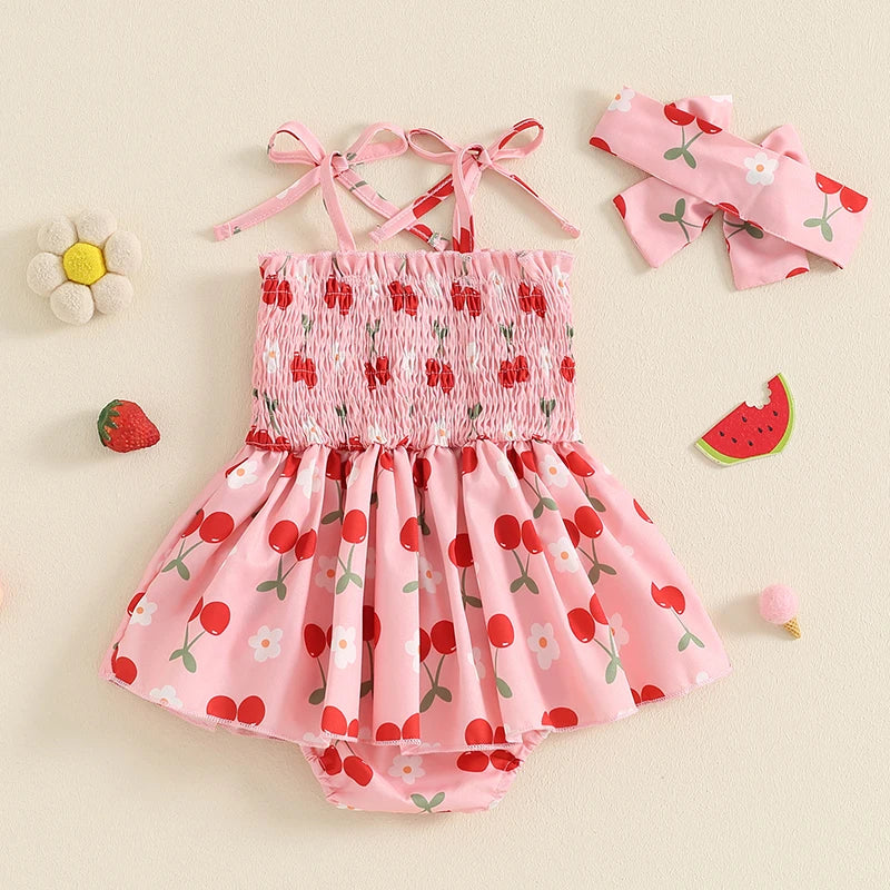 Baby Girl 2Pcs Summer Outfit Sleeveless Tie Strap Cherry Print Romper Skirt Dress with Headband Set