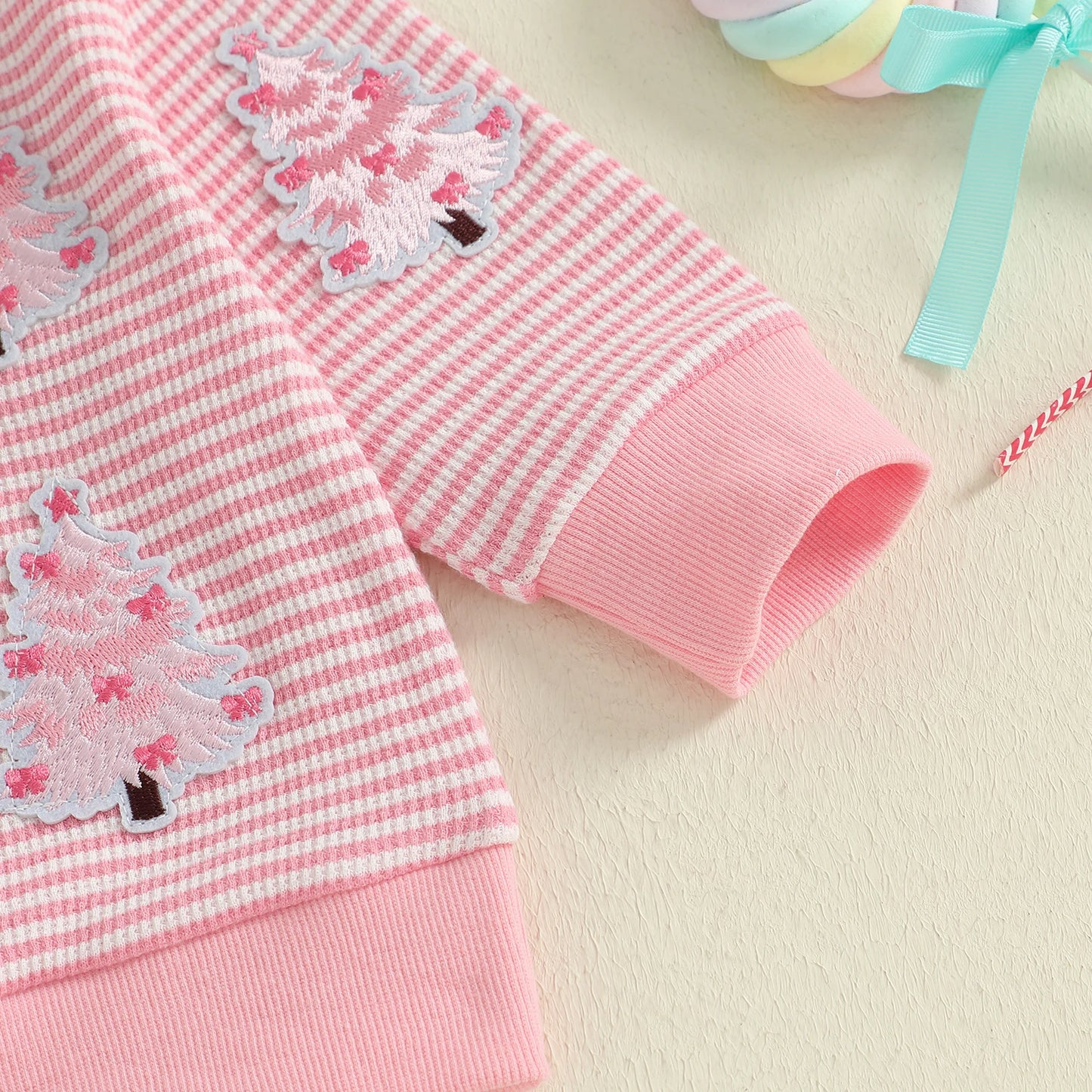 Baby Toddler Girl Christmas Top Christmas Tree Embroidered Striped Crew Neck Long Sleeve Pullover