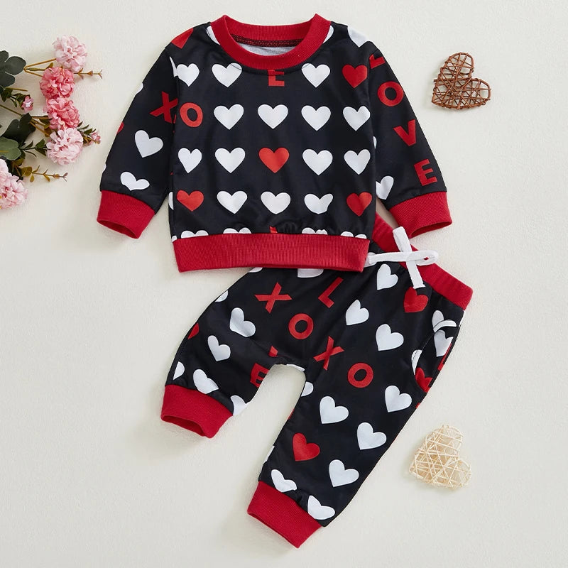 Baby Toddler Boys Girls 2Pcs Valentine's Day Outfit Heart Letter XOXO Love Long Sleeve Crewneck Top and Elastic Pants Valentines Jogger Set