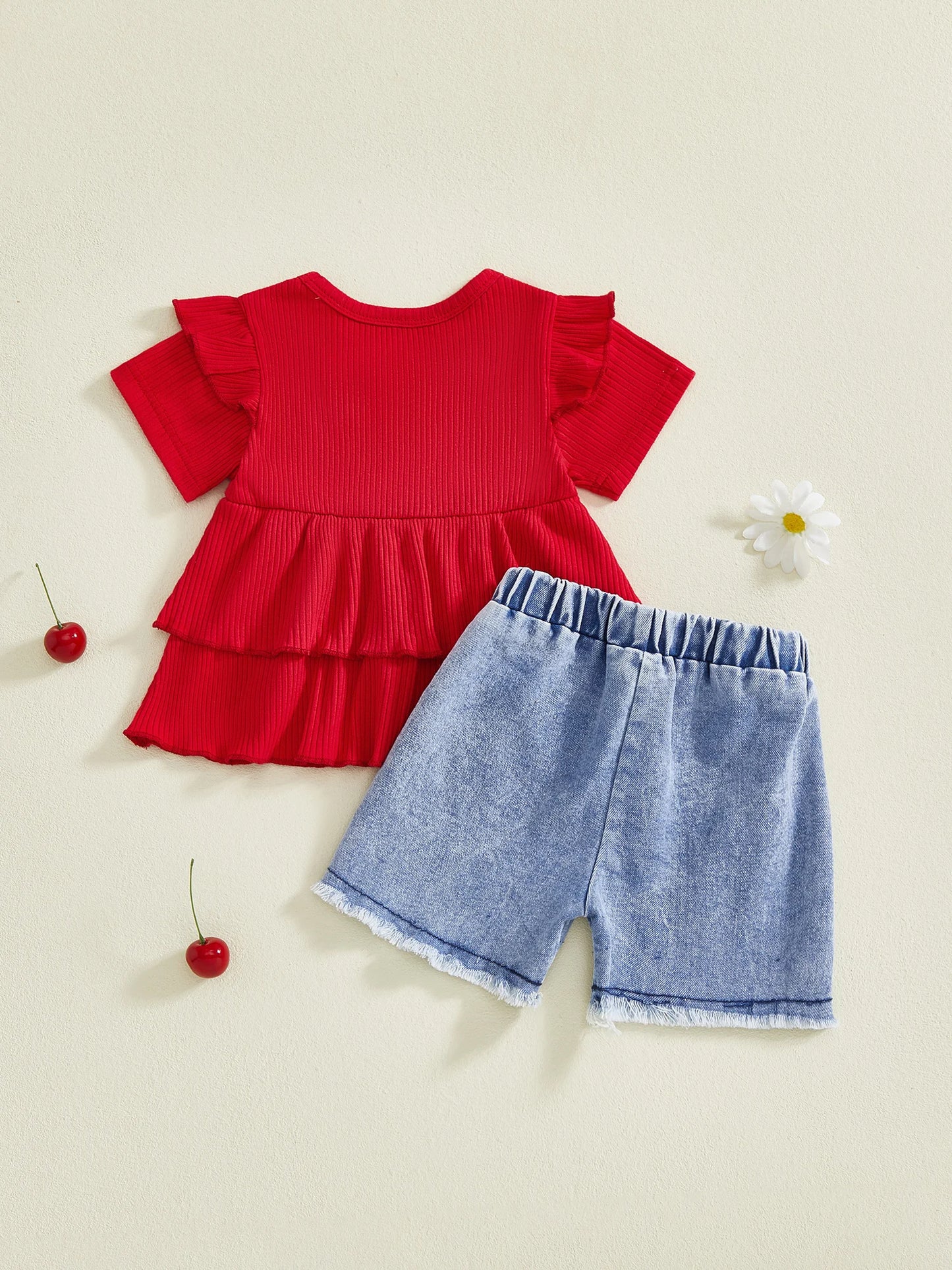 Baby Toddler Girls 2Pcs Outfit Fashionable Solid Color Short Sleeve Round Neck Babygirl Top and Cherry Print Shorts Set