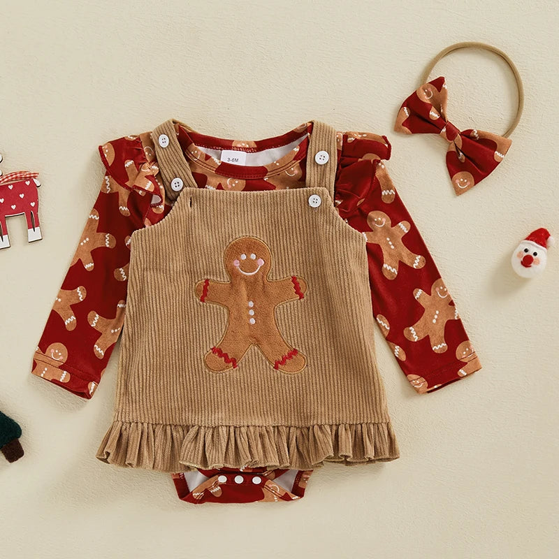 Baby Girls 3Pcs Christmas Outfit Reindeer / Gingerbread Man Print Romper Corduroy Overalls Dress Headband Bow Set