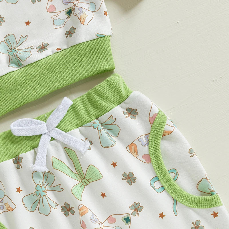 Baby Toddler Girls 3Pcs St. Patrick's Day Outfit Bow Four Leaf Clover Shamrock Print Crew Neck Long Sleeve Top Long Pants Headband Jogger Set