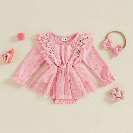 Baby Girls 2Pcs Outfit Ruffle Sequin Tulle Long Sleeve Romper Dress Tutu and Headband Bow Set