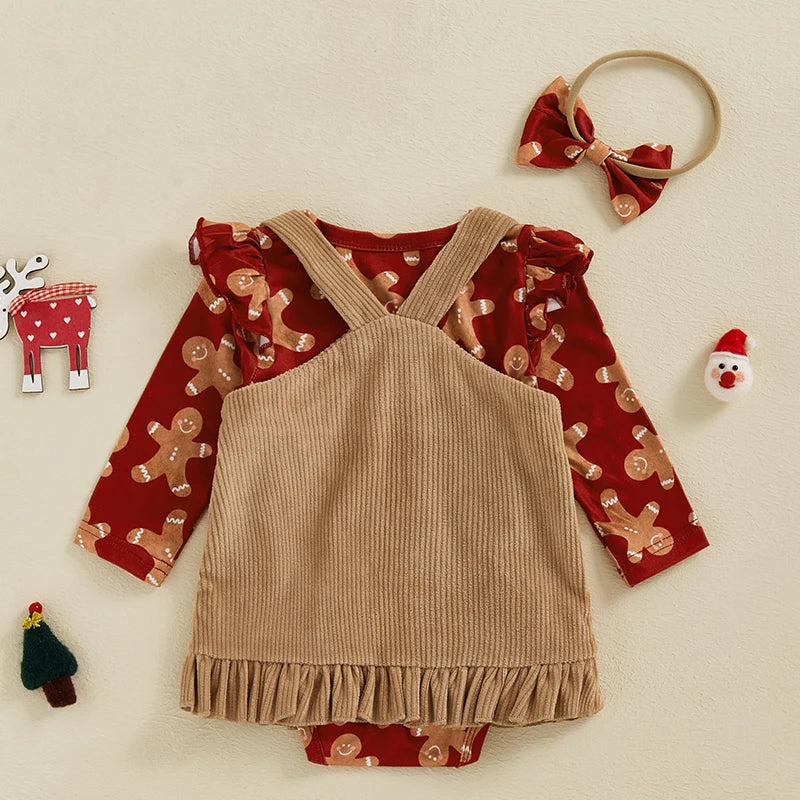 Baby Girls 3Pcs Christmas Outfit Reindeer / Gingerbread Man Print Romper Corduroy Overalls Dress Headband Bow Set