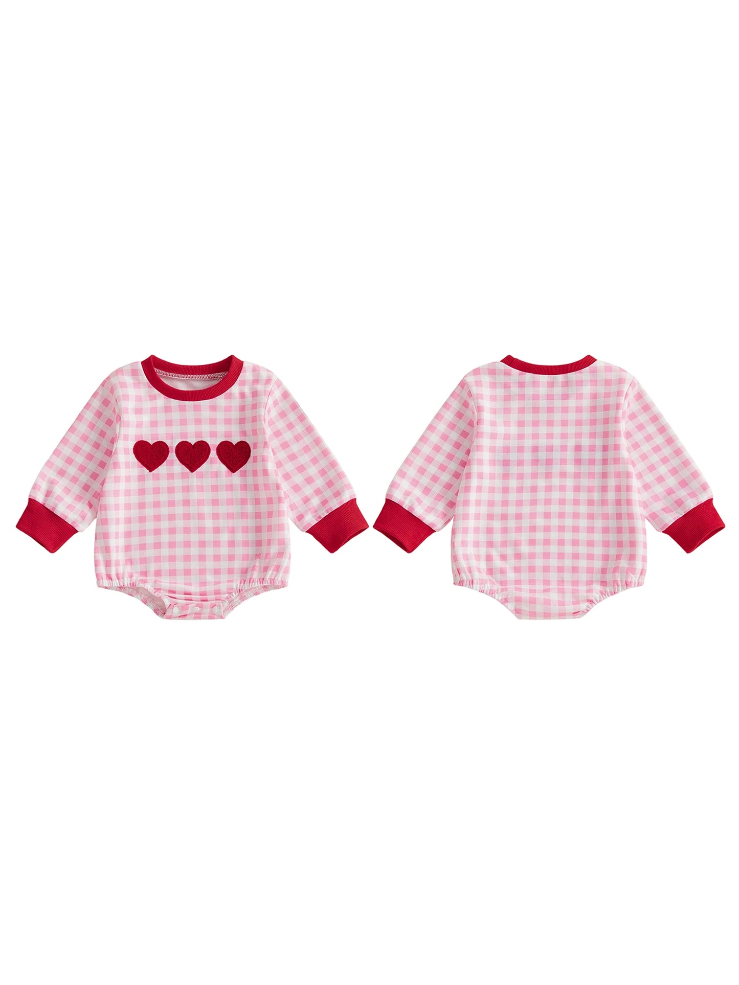 Baby Girls Romper Long Sleeve Crew Neck Plaid Embroidery Heart Bodysuit Valentine's Day Clothes