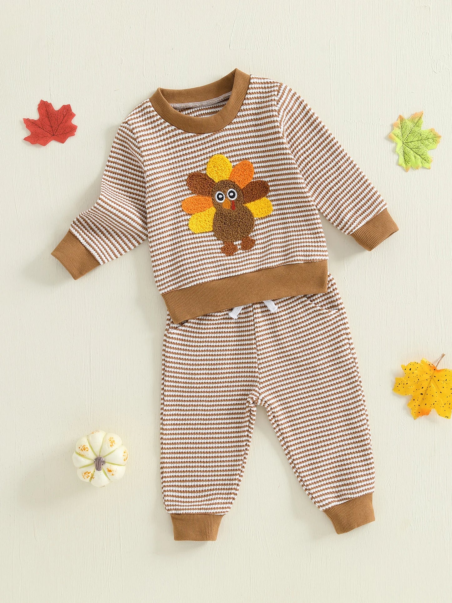 Baby Toddler Girls Boys 2Pcs Thanksgiving Outfits Turkey Embroidery Striped Long Sleeve Top and Elastic Pants Jogger Set