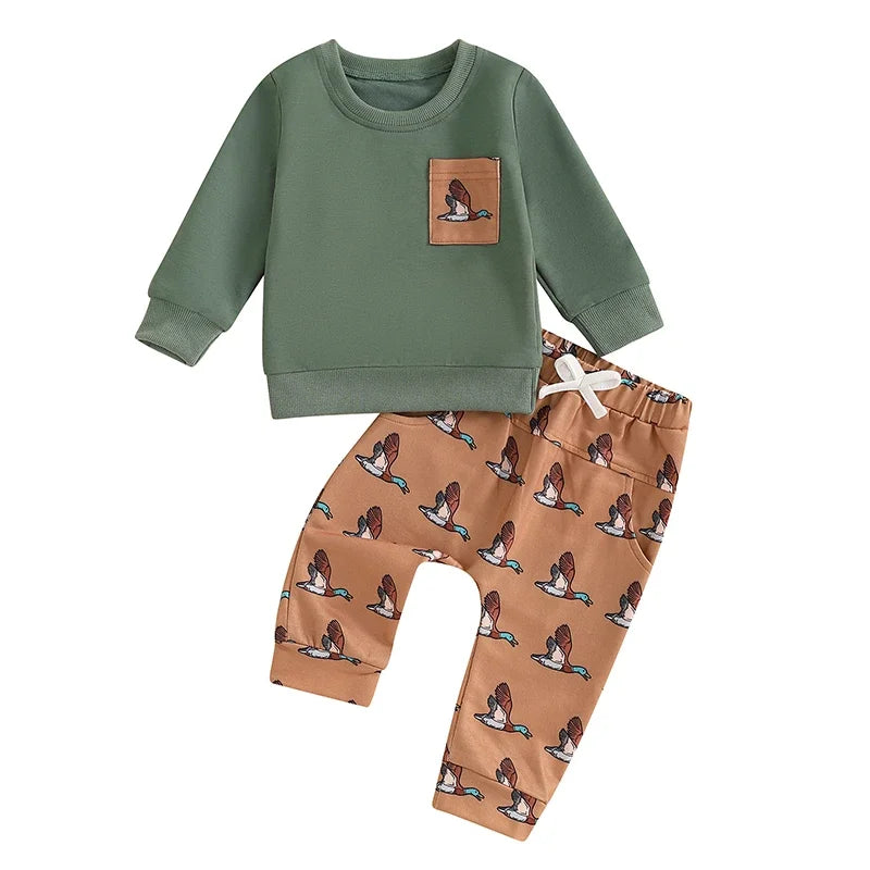 Baby Toddler Boys 2Pcs Outfit Round Neck Long Sleeve Top with Pocket and Wild Duck Bird Print Long Pants Jogger Set