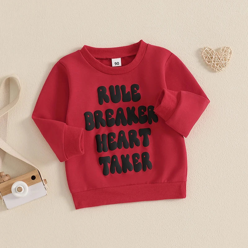 Toddler Kids Boys Girls Rule Breaker Heart Taker Valentine's Day Letter Print Long Sleeve Round Neck Pullover Top