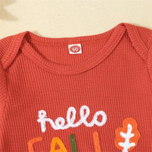 Load image into Gallery viewer, Baby Girls 2Pcs Hello Fall / World / Little Pumpkin Outfit Long Sleeve Crew Neck Embroidery Letters Jumpsuit with Headband Set
