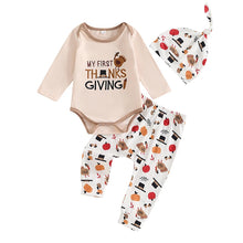 Load image into Gallery viewer, Baby Toddler Boys Girls 3Pcs My First Thanksgiving / Gobble Outfit Letter Turkey Print Long Sleeve Romper Long Pants Hat 3Pcs Clothes Set
