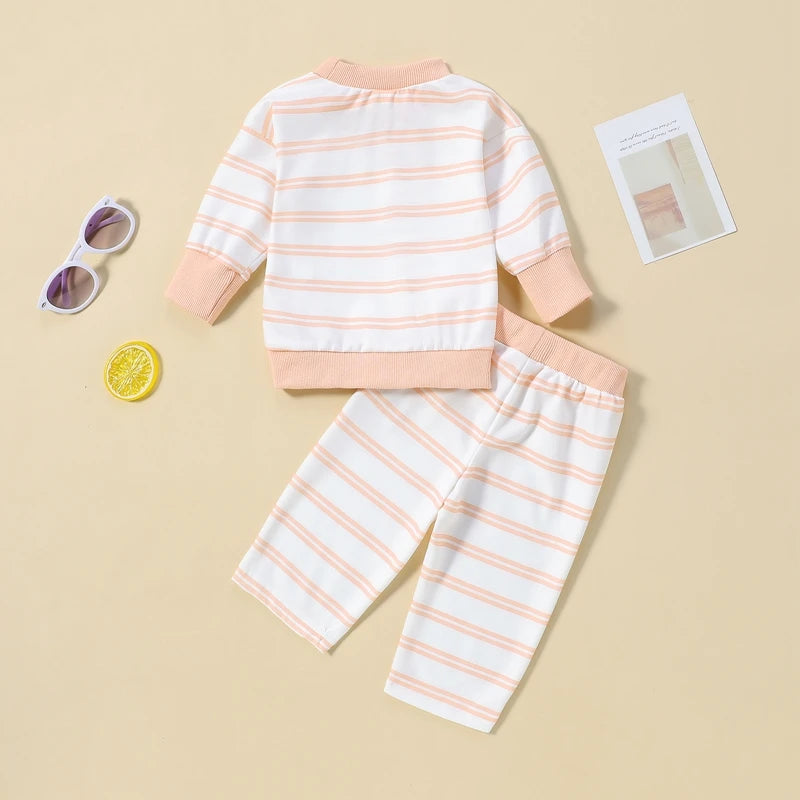 Baby Toddler Boys Girls 2Pcs Fall Outfit Stripes Print Long Sleeve Top and Elastic Pants Set