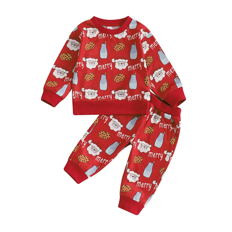 Baby Toddler Boys Girls 2Pcs Christmas Jogger Set Long Sleeve Round Neck Milk Cookies Merry Santa Claus Print Top Pants Outfit