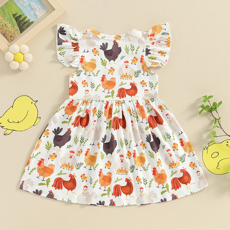 Baby Toddler Girls Dress Farm Rooster Hen Print Fly Short Sleeve Crew Neck Dress Summer Fall