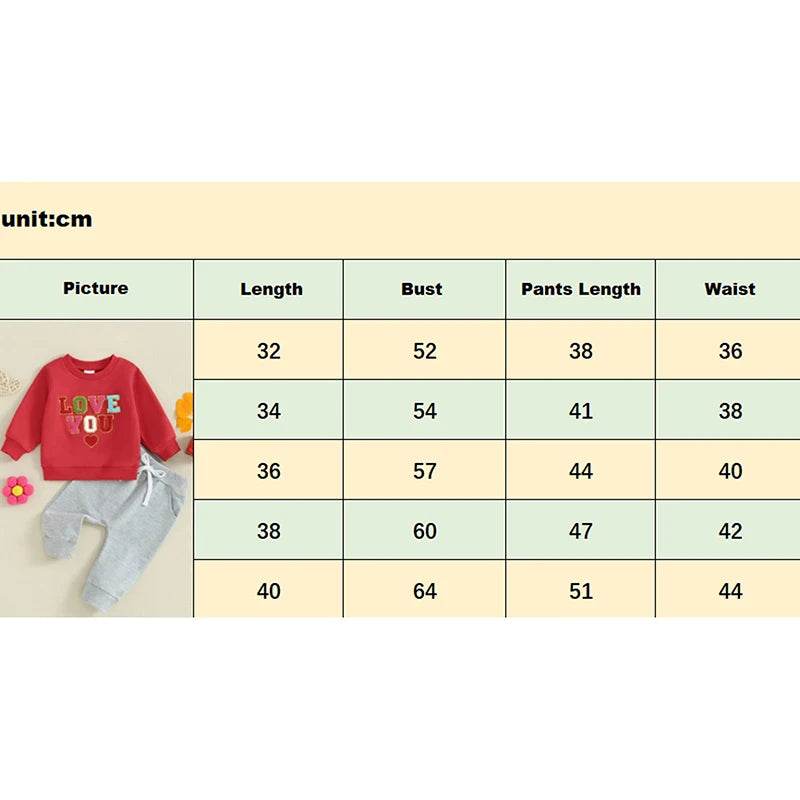 Toddler Baby Boys Girls 2Pcs Valentine's Day Outfits Letter Fuzzy LOVE YOU heart Embroidered Long Sleeve Top With Pants Set