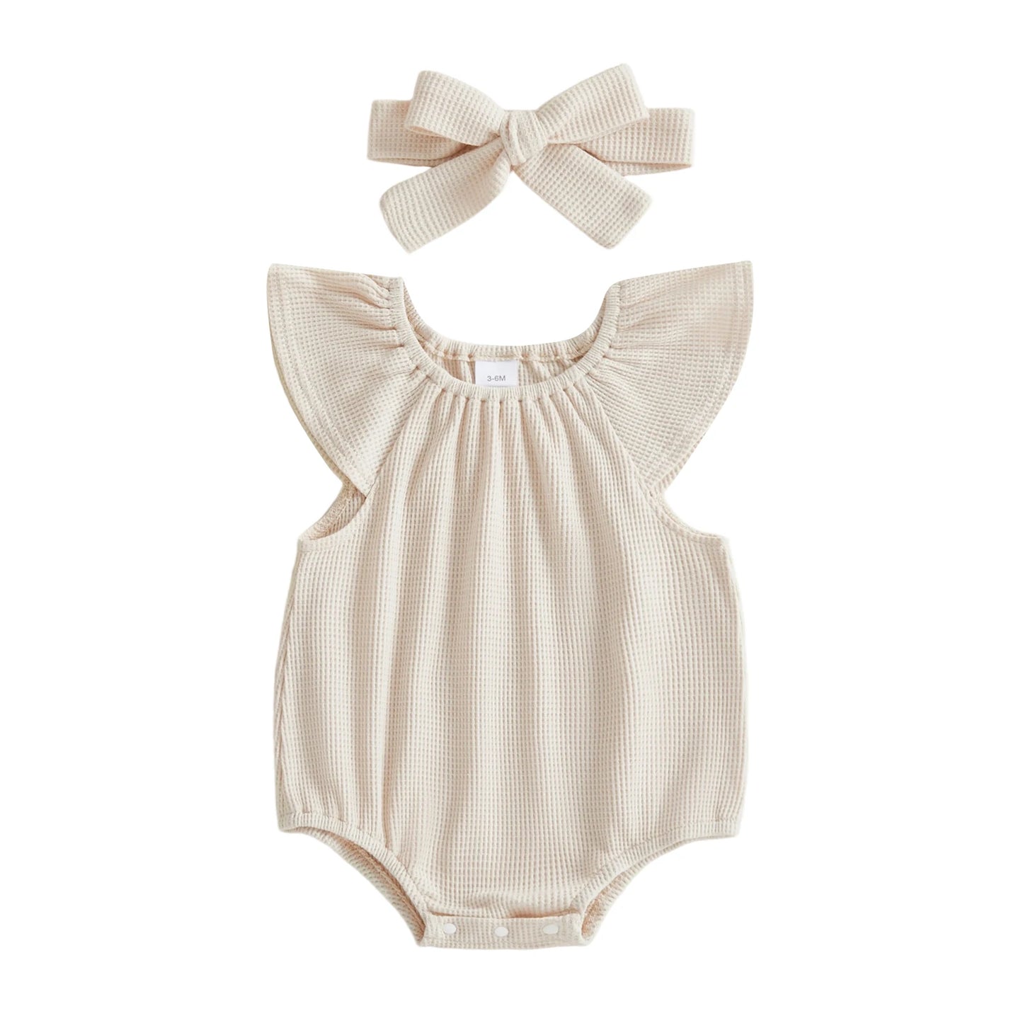Baby Girl 2Pcs Spring Summer Waffle Romper Short Flying Sleeve O Neck Solid Color Romper with Headband Set