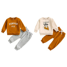 Load image into Gallery viewer, Baby Toddler Boys Girls 2Pcs Pumpkin Pie / I&#39;m Just Here For The Pie Set Letter Pie Print Long Sleeve Round Neck Top Drawstring Pockets Long Pants Outfit
