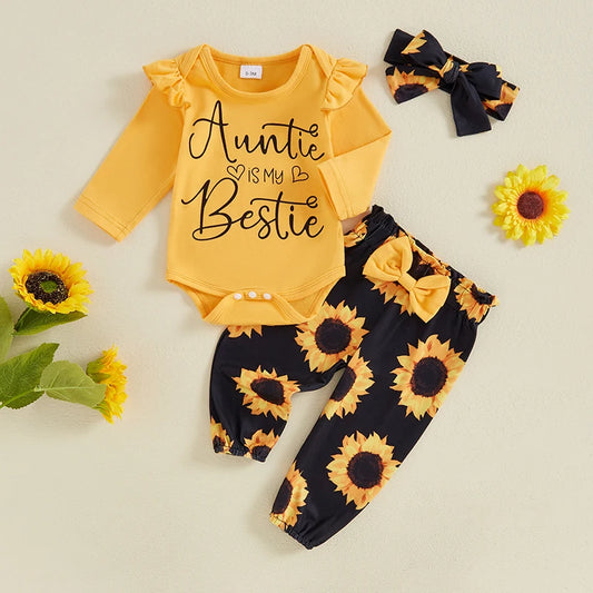 Baby Girls 3Pcs Auntie Is My Bestie Outfit Letter Print Long Sleeve Romper and Elastic Waist Sunflower Print Pants Headband Set