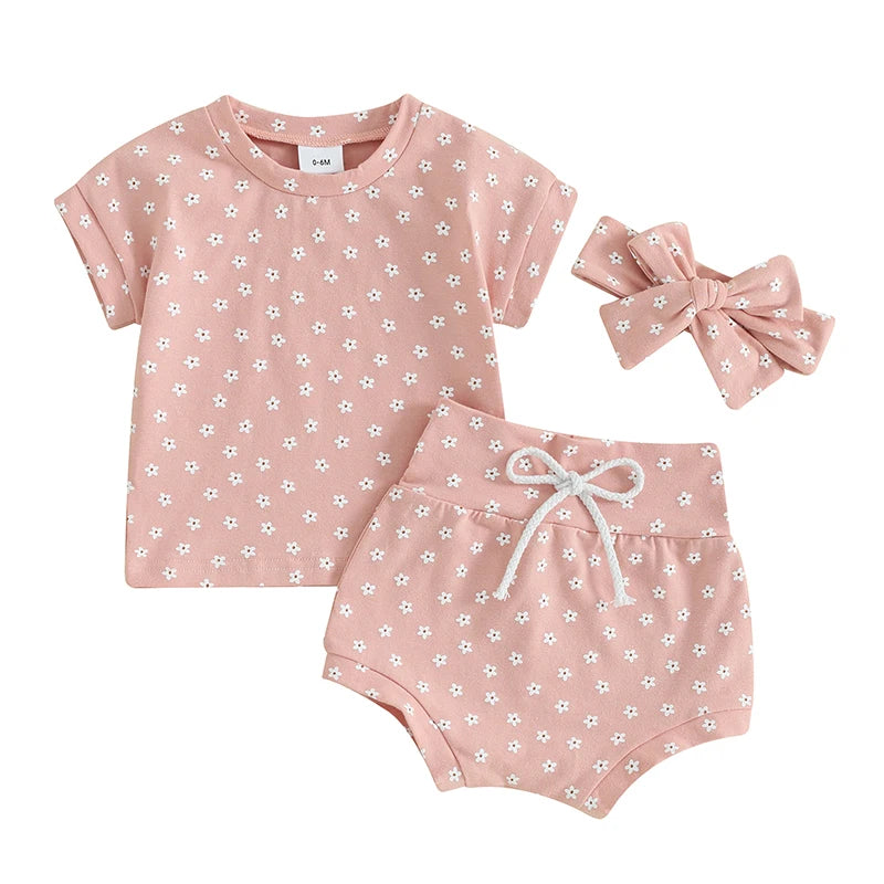 Baby Toddler Girl 3Pcs Clothing Sets Cotton Floral Flowers Print Short Sleeve Pullover Top + High Waist Shorts + Headband