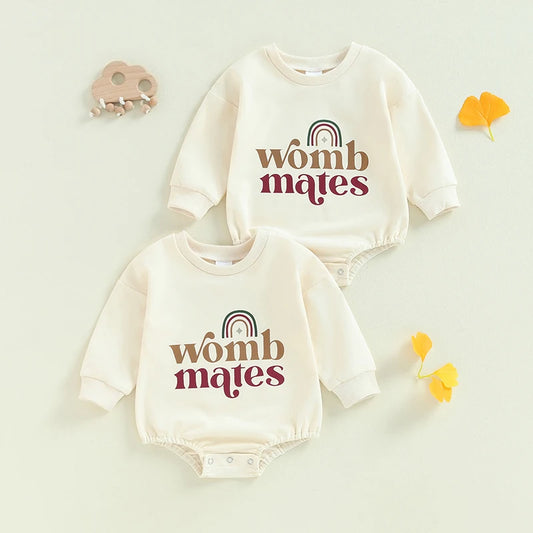 Baby Girls Boys 2Pcs Womb Makes Bubble Rompers Twins Clothes Rainbow Letter Print Long Sleeve Bodysuits