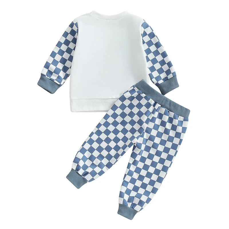 Baby Toddler Boys 2Pcs Mama's Boy Outfit Long Sleeve O Neck Letter Checker Print Top Drawstring Pants Set