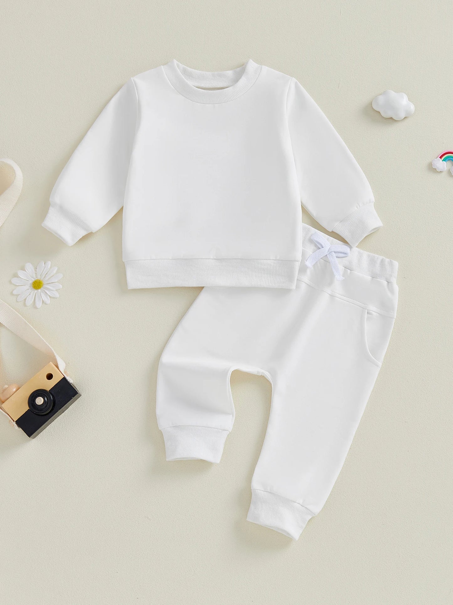 Baby Toddler Boy Girl 2Pcs Spring Fall Outfit Solid Color Long Sleeve Round Neck Pullover Crewneck Top Elastic Waist Long Pants 2 Pcs Jogger Set