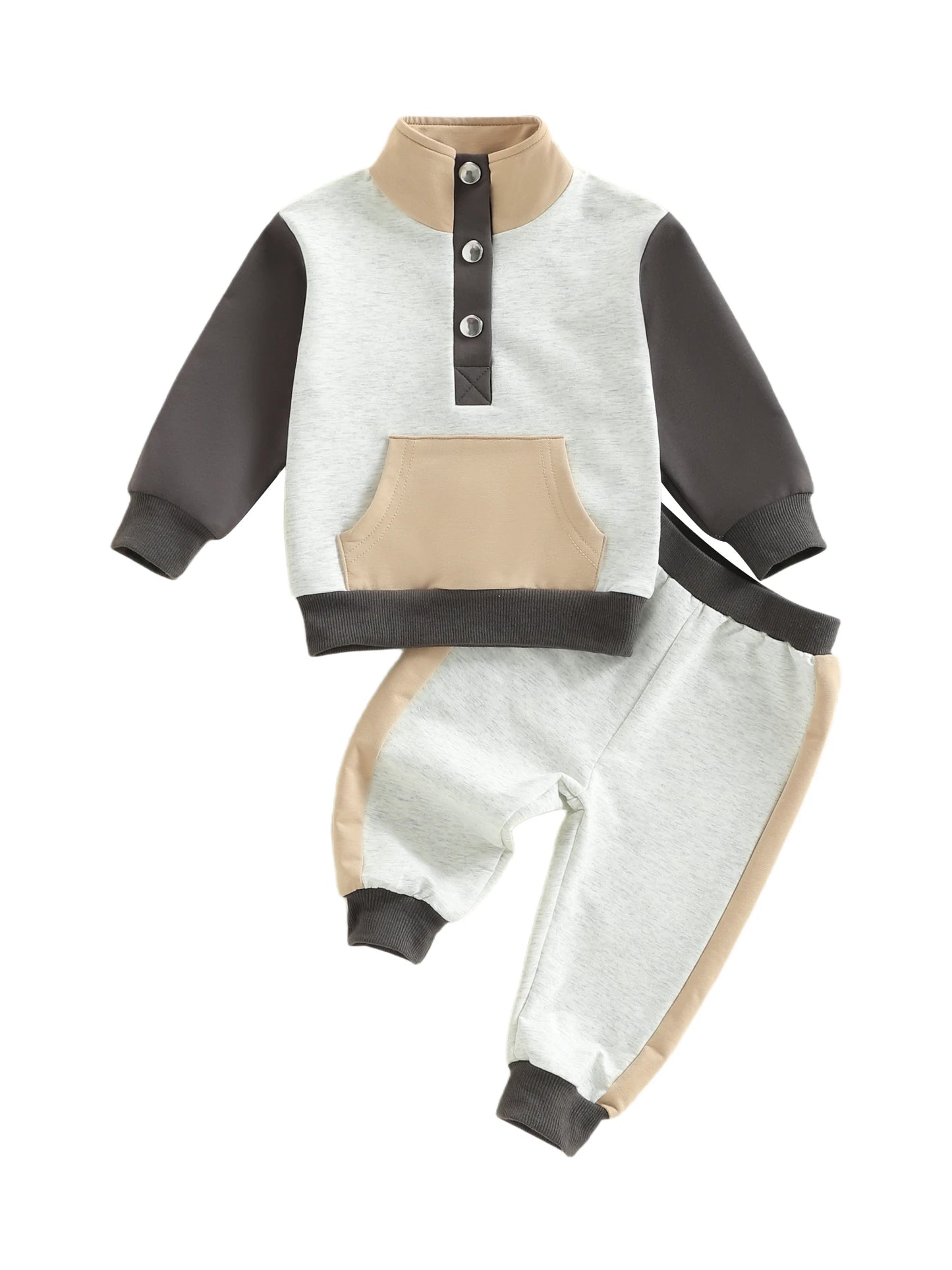 Baby Toddler Boys Girls 2Pcs Clothing Jogger Set Contrast Color Long Sleeve Collar Quarter Button Up Pullover with Pants Outfit