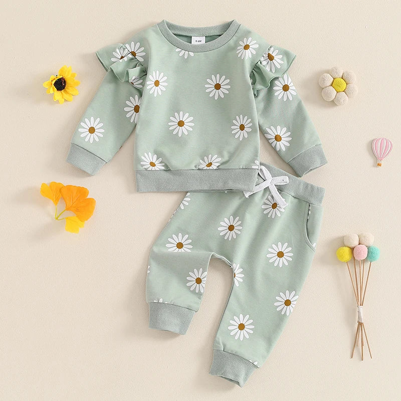 Baby Toddler Girls 2Pcs Fall Outfit Daisy Flower Print Long Sleeve Top with Elastic Waist Pants Set