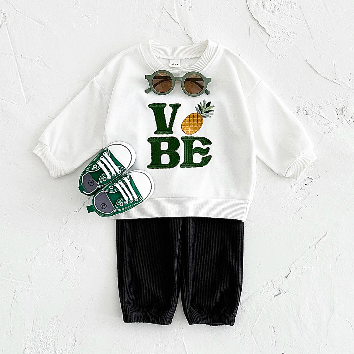 Baby Toddler Boys Girls 2Pcs Set Fruit Letters MOOD / LOVE / VIBE EmbroideryLong Sleeve Crewneck Top + Corduroy Pants Outfit