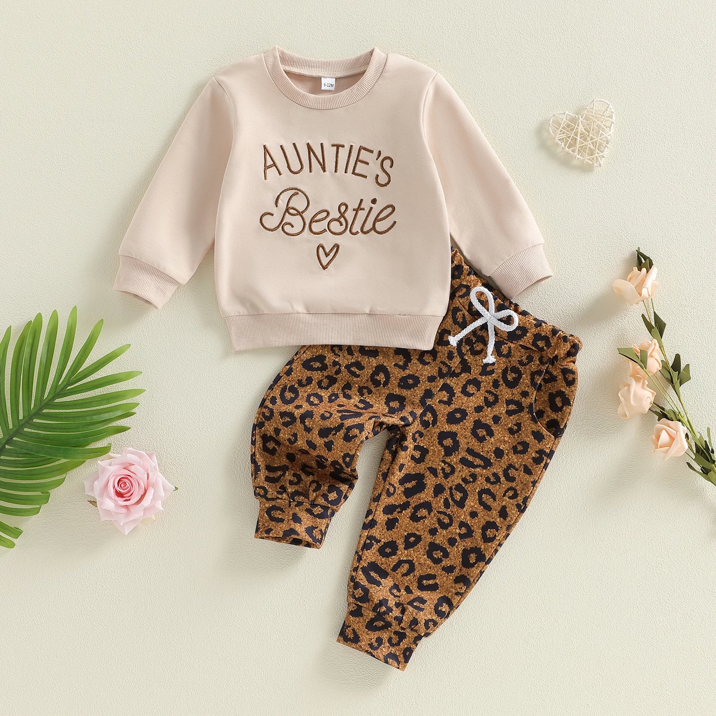 Baby Toddler Girls 2Pcs Auntie's Bestie Spring Outfit Letter Embroidery Long Sleeve Round Neck Pullover Top + Leopard Pants Jogger Set