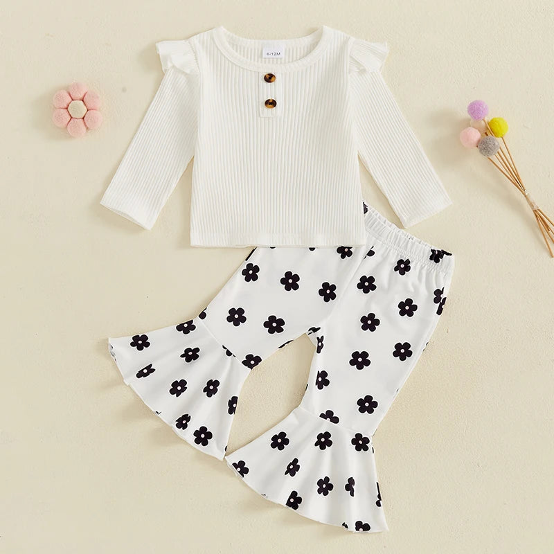 Baby Toddler Girl 2Pcs Fall Outfit Long Sleeve Ruffle Top + Floral Flower Flare Pants Set