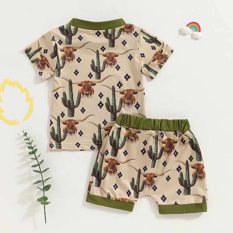 Baby Toddler Boys 2Pcs Western Outfit Short Sleeve Cactus Cattle Cow Horse Cowboy Print Top and Drawstring Shorts Set